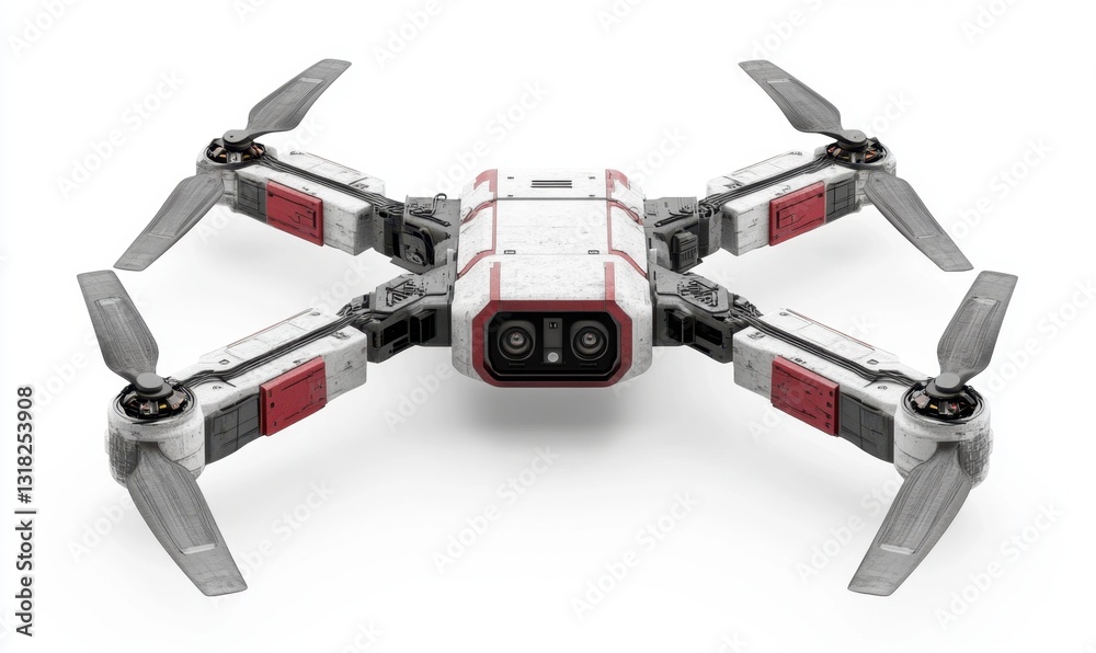 White and red quadcopter drone hovering, isolated on white background, for aerial photography White and red quadcopter drone hovering, isolated on white background, for aerial photography