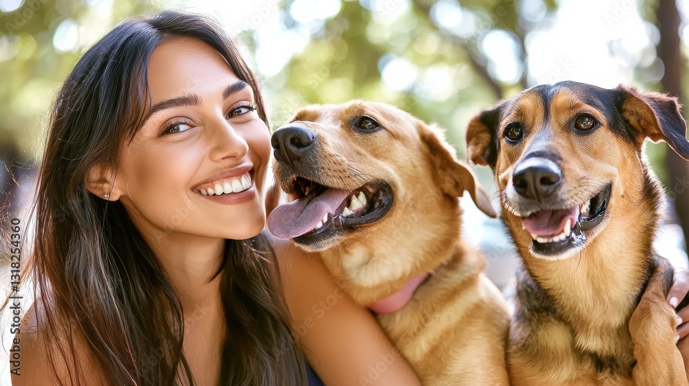 Joyful dog lover smiling with two happy dogs in a park lifestyle portrait natural light environment Joyful dog lover smiling with two happy dogs in a park lifestyle portrait natural light environment