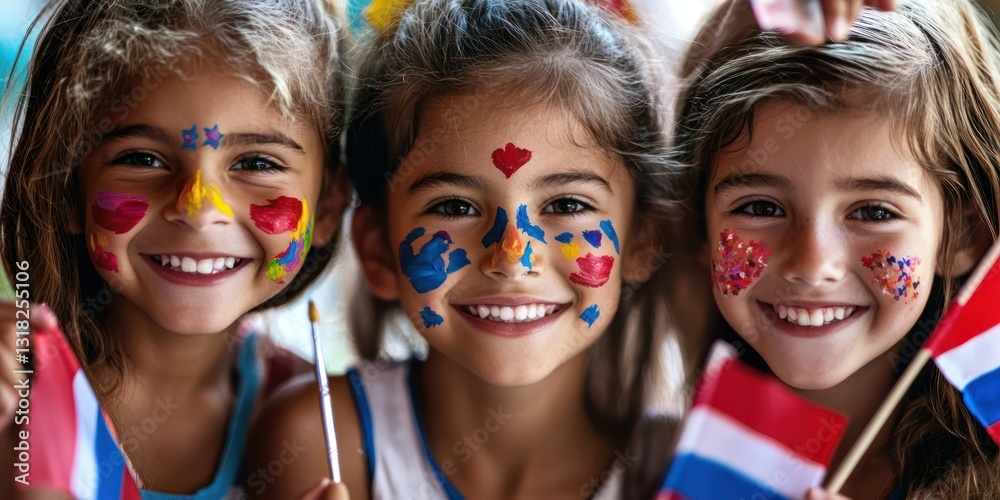 Fototapeta premium Children painting their faces with patriotic colors while holding flags