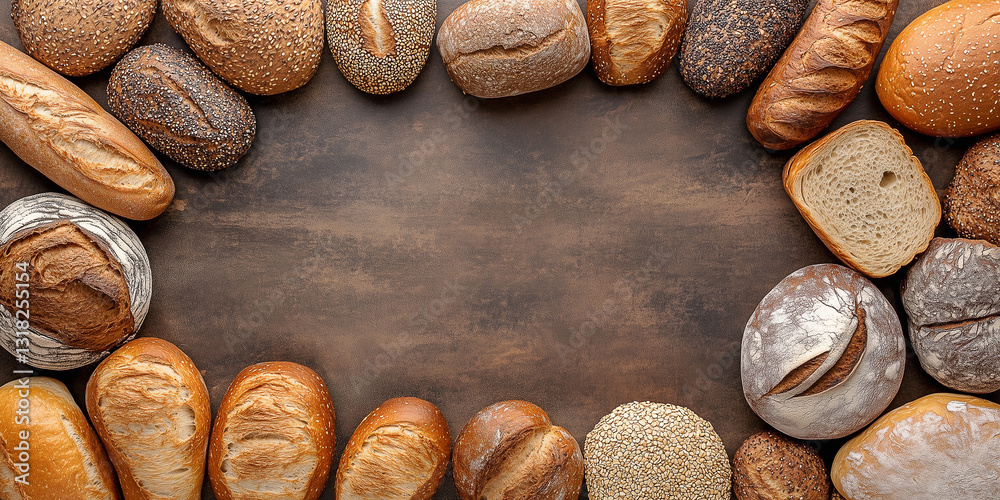 Obraz premium Draufsicht auf einen Rahmen mit Brot und mit Platz für Text in der Mitte - Werbeschild Flyer