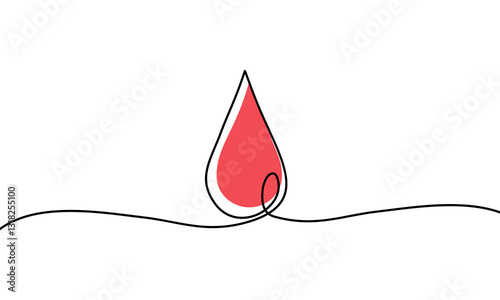 Continuous line drawing of blood drop on transparent background.