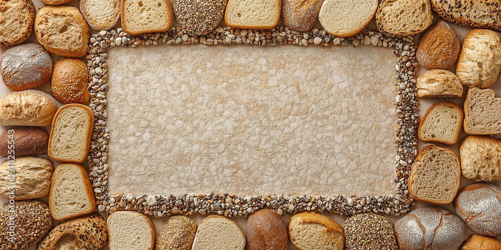Fototapeta premium Draufsicht auf einen Rahmen mit Brot und mit Platz für Text in der Mitte - Werbeschild Flyer