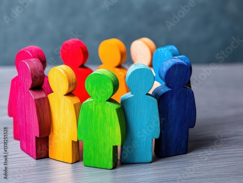 A group of multicolored wooden people and businessmen A concept of market segmentation A target audience