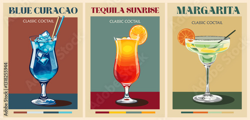 Cocktails retro poster set. Blue Curacao, Tequila Sunrise, Margarita. Collection of popular alcohol drinks. Vintage flat vector illustrations for bar, pub, restaurant, kitchen wall art print.