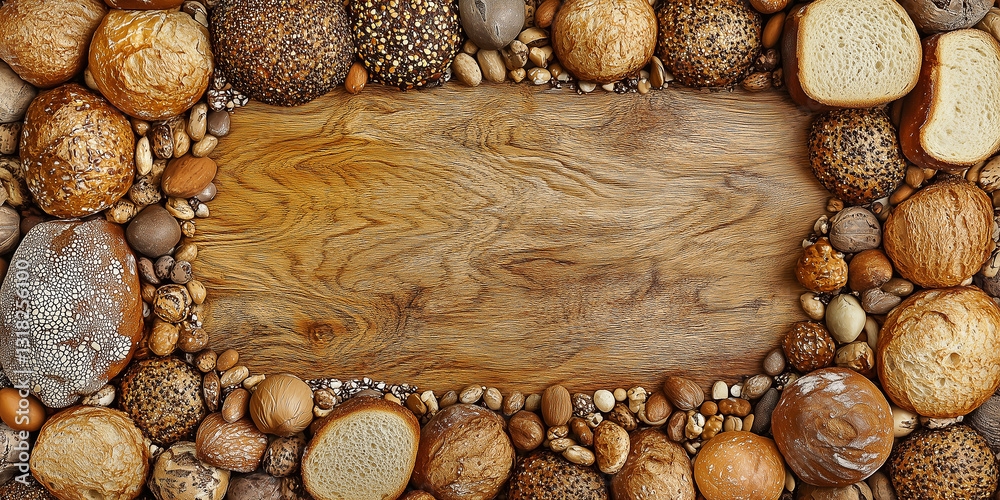 Fototapeta premium Draufsicht auf einen Rahmen mit Brot und mit Platz für Text in der Mitte - Werbeschild Flyer