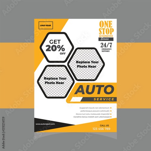 Modern, eye-catching flyer for an auto repair shop. Automotive Repair Flyer with 20% Off Promotion
