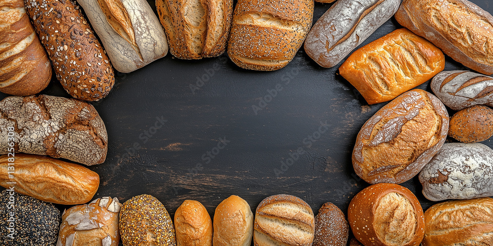 Obraz premium Draufsicht auf einen Rahmen mit Brot und mit Platz für Text in der Mitte - Werbeschild Flyer