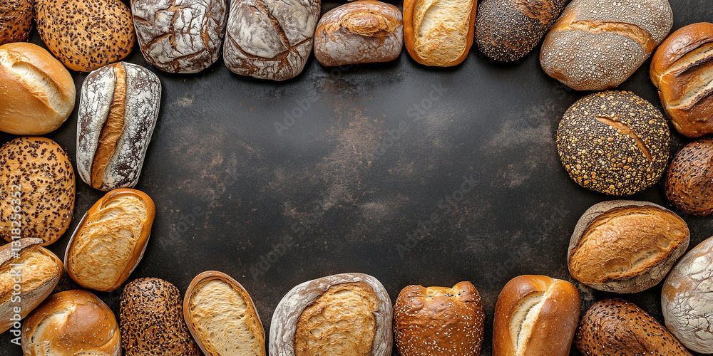 Obraz premium Draufsicht auf einen Rahmen mit Brot und mit Platz für Text in der Mitte - Werbeschild Flyer