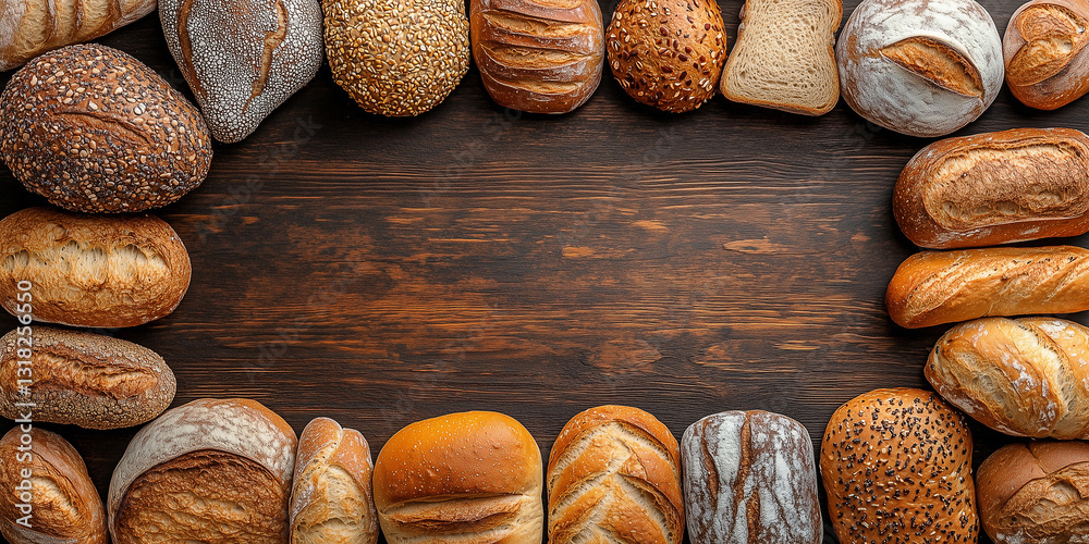 Obraz premium Draufsicht auf einen Rahmen mit Brot und mit Platz für Text in der Mitte - Werbeschild Flyer