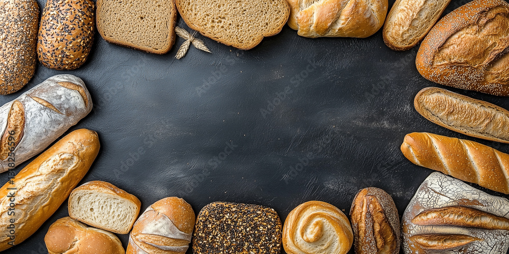 Naklejka premium Draufsicht auf einen Rahmen mit Brot und mit Platz für Text in der Mitte - Werbeschild Flyer