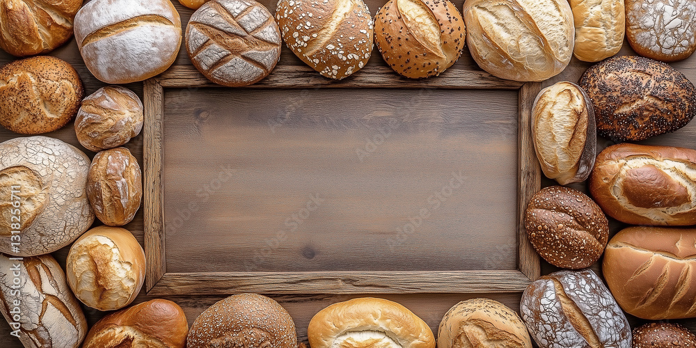 Fototapeta premium Draufsicht auf einen Rahmen mit Brot und mit Platz für Text in der Mitte - Werbeschild Flyer
