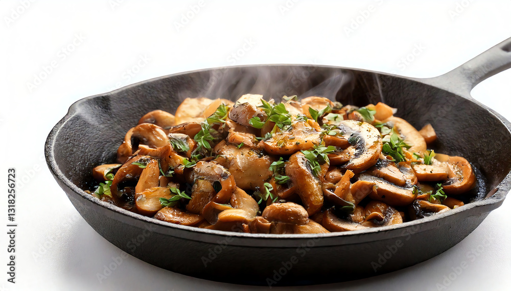 Delicious sauteed mushrooms with herbs in a cast-iron skillet, emitting steam for a fresh, appetizing look. Delicious sauteed mushrooms with herbs in a cast-iron skillet, emitting steam for a fresh, appetizing look.