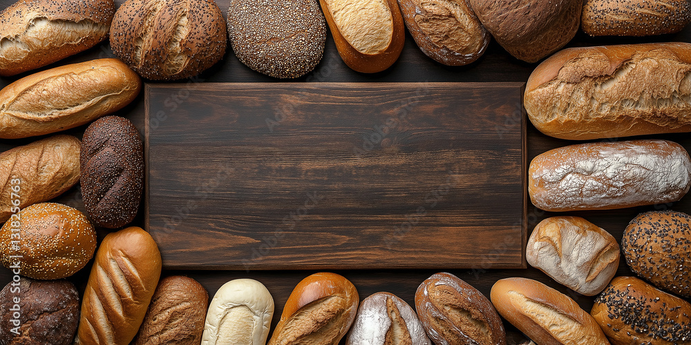 Obraz premium Draufsicht auf einen Rahmen mit Brot und mit Platz für Text in der Mitte - Werbeschild Flyer