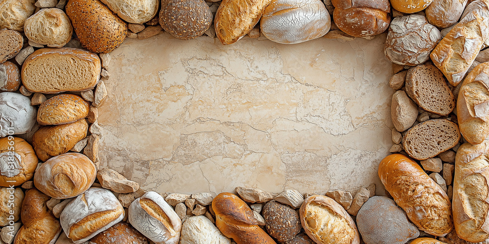 Fototapeta premium Draufsicht auf einen Rahmen mit Brot und mit Platz für Text in der Mitte - Werbeschild Flyer