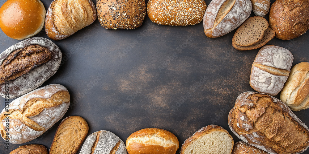 Fototapeta premium Draufsicht auf einen Rahmen mit Brot und mit Platz für Text in der Mitte - Werbeschild Flyer