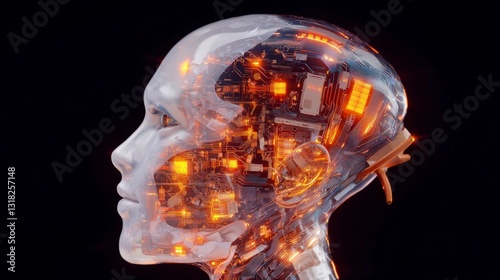 Futuristic Transparent Robot Head  AI  Circuitry  Technology  Close up photo
