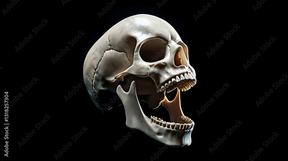 Obraz premium 3D Rendered Skull With Open Jaw Against A Black Background In A Dramatic And Spooky Atmosphere With Detailed Bone Structure And Teeth