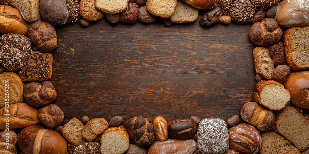 Fototapeta premium Draufsicht auf einen Rahmen mit Brot und mit Platz für Text in der Mitte - Werbeschild Flyer