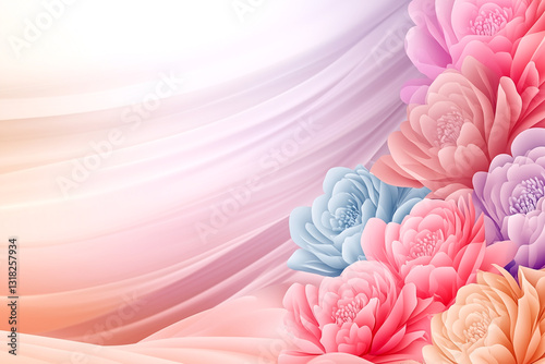 A colorful bouquet of flowers is displayed on a white background. The flowers are arranged in a way that creates a sense of movement and flow, with the stems extending outwards in various directions