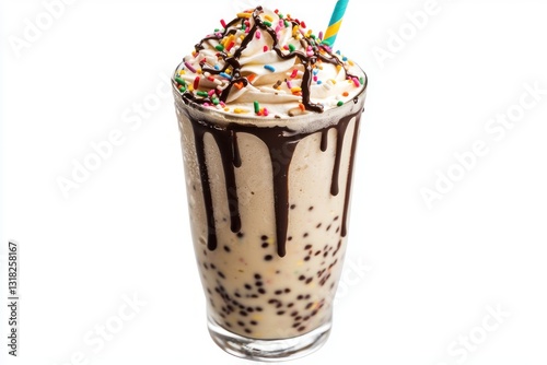 Delightful dessert milkshake with chocolate drizzle whipped cream and colorful sprinkles on white backdrop