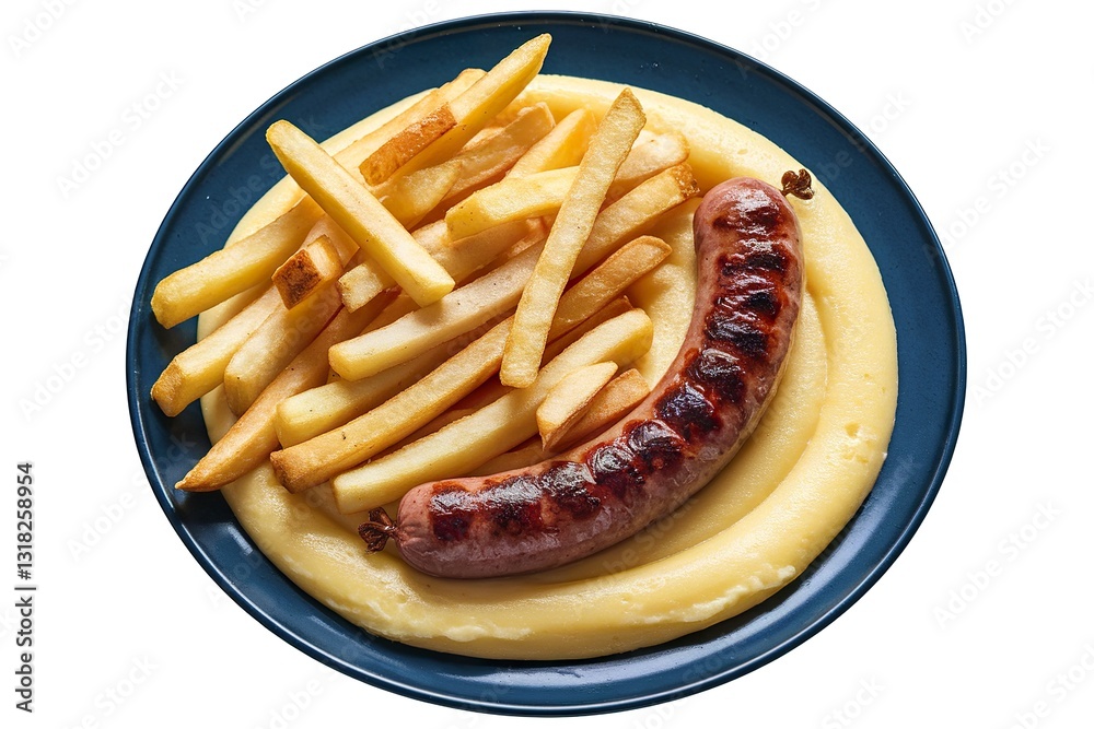 a plate with a sausage, fries, and polenta a plate with a sausage, fries, and polenta