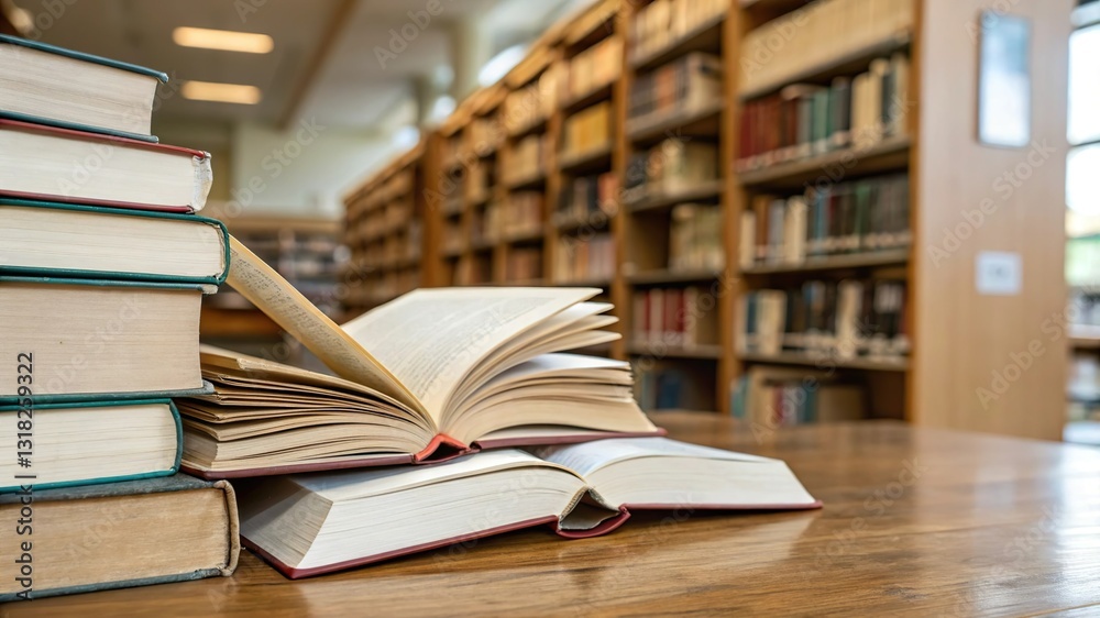 Stack of books against the background of library, stack of books in front of library Stack of books against the background of library, stack of books in front of library