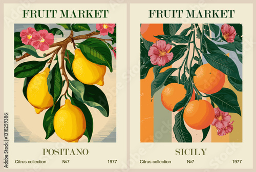 Set of Abstract Fruit Market retro posters. Trendy contemporary wall arts with lemon and orange citrus fruits. Modern naive groovy funky interior decorations, paintings. Vector colorful illustrations.