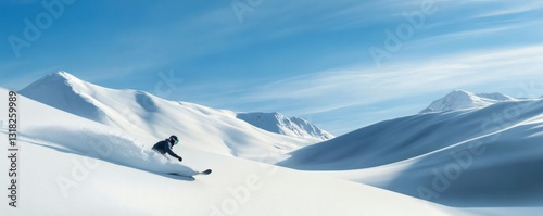 A skier carves down a snowy slope under a bright blue sky