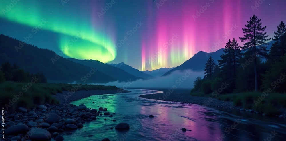 Naklejka premium Glowing aurora borealis above winding river banks, Landscape Photography, River