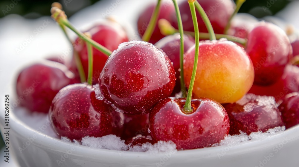 Fresh Cherries in Snow Winter Fruit Bowl Red Gold Closeup Fresh Cherries in Snow Winter Fruit Bowl Red Gold Closeup