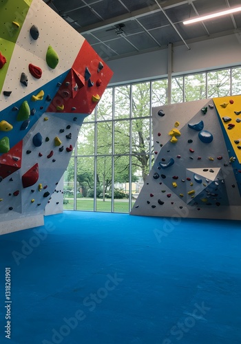 Colorful climbing wall in therapy center enhances motor skills in pediatric physical therapy. wallpaper, background