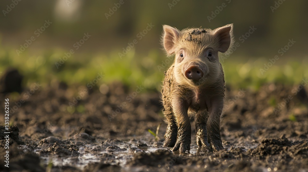 A baby piglet with tiny hooves standing in a muddy field A baby piglet with tiny hooves standing in a muddy field
