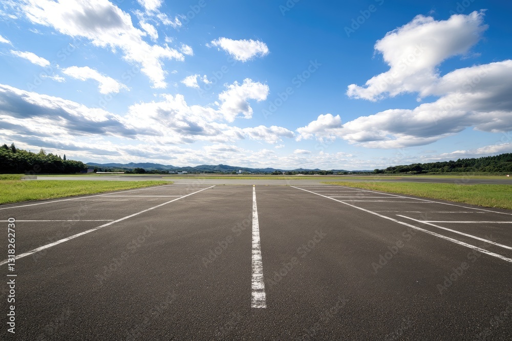 Empty tarmac runway under a partly cloudy sky. Vast, open space Empty tarmac runway under a partly cloudy sky. Vast, open space