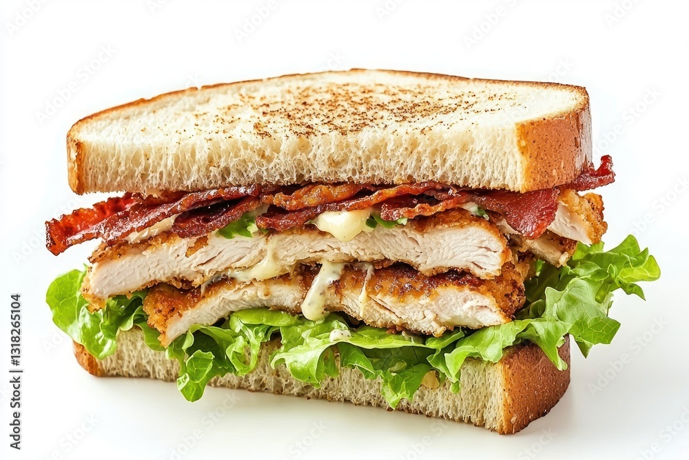 Crispy chicken sandwich with bacon and lettuce on a white plate food close up delicious meal tasty snack Crispy chicken sandwich with bacon and lettuce on a white plate food close up delicious meal tasty snack