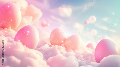 A dreamy pastel Easter background with soft clouds and glowing egg shapes