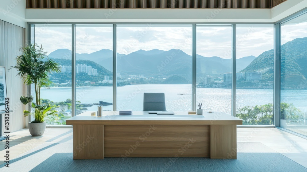 Naklejka premium A bright office with a minimalist design and a stunning ocean view