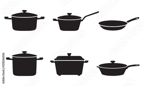Minimalistic cookware drawing cooking pots icon set