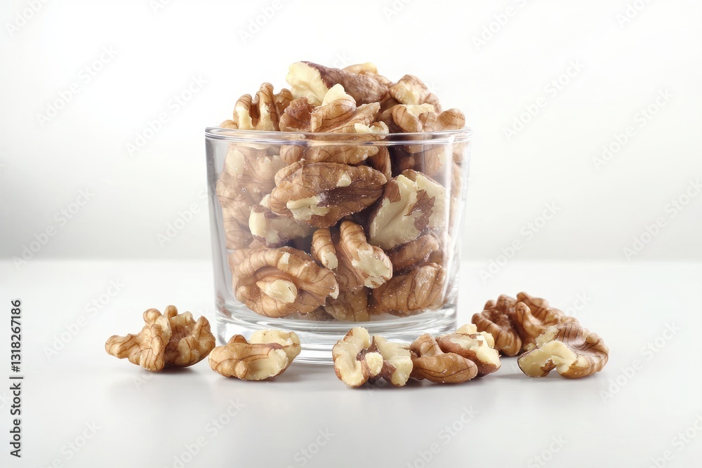 Walnuts in Clear Glass Against a White Background Capturing the Essence of Natural Healthy Snacking Food Photography Walnuts in Clear Glass Against a White Background Capturing the Essence of Natural Healthy Snacking Food Photography