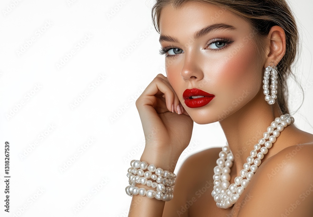 Obraz premium an attractive woman wearing pearl bracelets and necklaces, posing with her hand on her side to showcase her jewelry.
