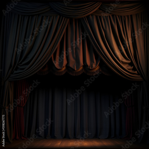 Grimdark stage curtains, downstage and main valance of theatre