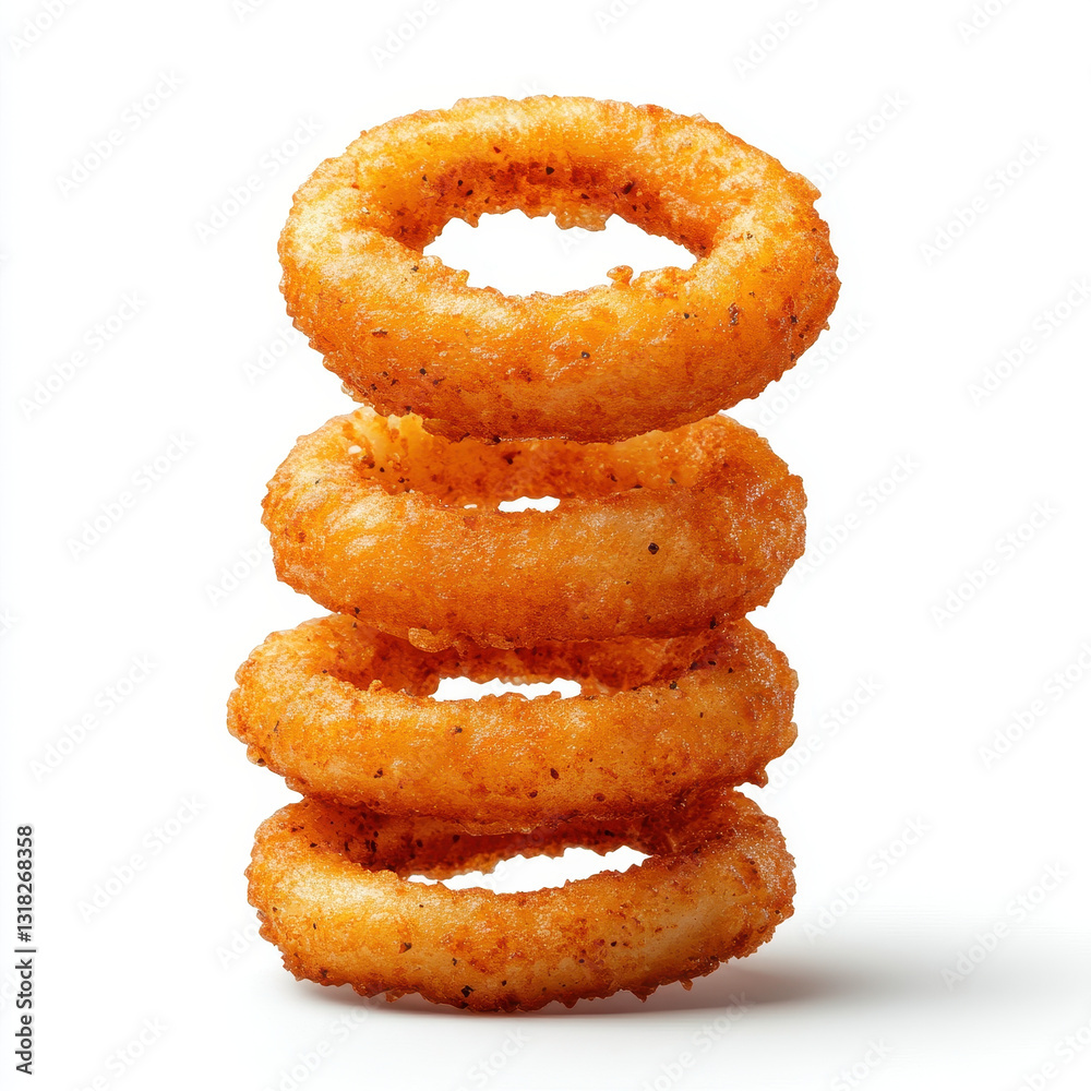 Crispy golden onion rings stacked high, deep fried to perfection, offering deliciously crunchy texture and savory flavor. Perfect for snacking or as side dish Crispy golden onion rings stacked high, deep fried to perfection, offering deliciously crunchy texture and savory flavor. Perfect for snacking or as side dish