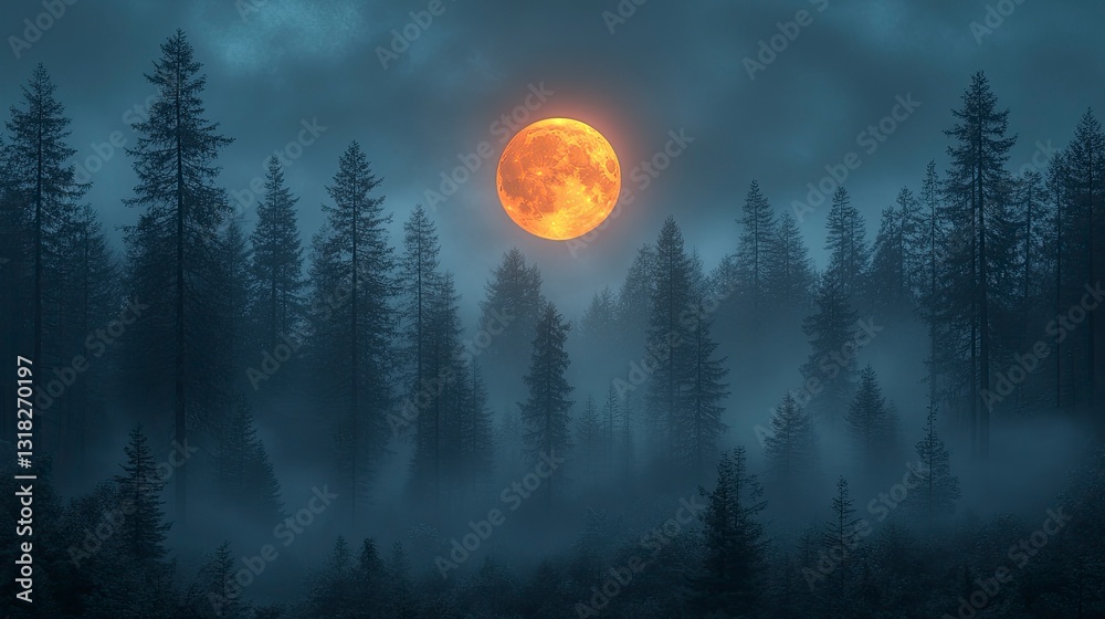 Fototapeta premium Moon rising through misty redwood forest, fog creating ethereal atmosphere
