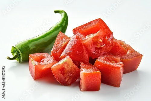 Artistic arrangement of diced red tomatoes with contrasting green chili against a pristine white background studio shot