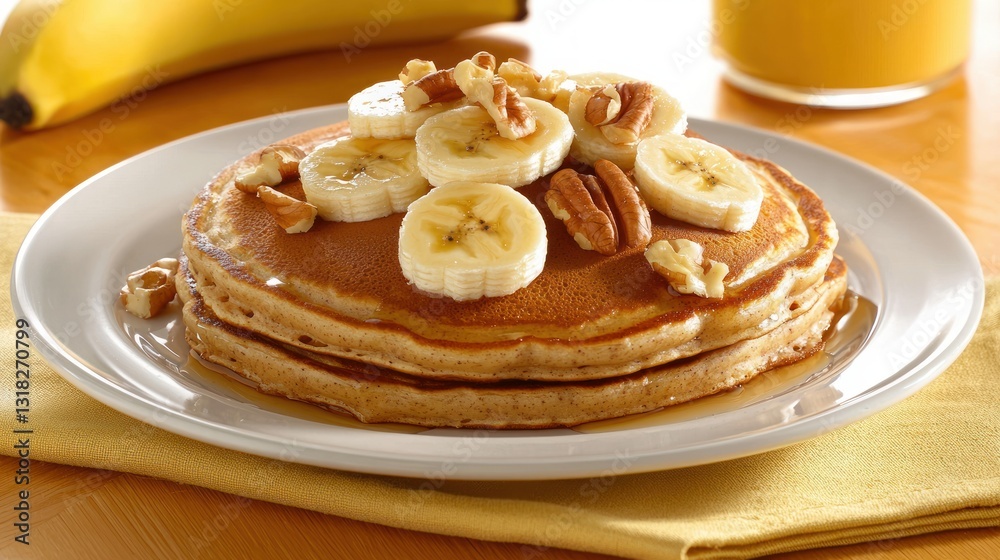 Delicious stack of pancakes topped with fresh banana slices and crunchy walnuts in natural morning light Delicious stack of pancakes topped with fresh banana slices and crunchy walnuts in natural morning light