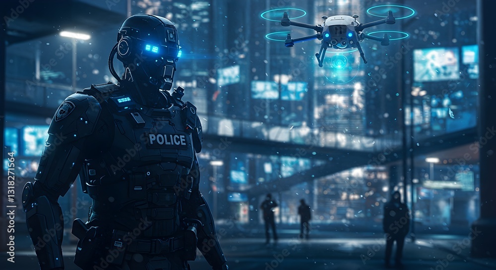 custom made wallpaper toronto digitalrobotic police patrolling glowing city streets with surveillance drone, ai robot police serving government 