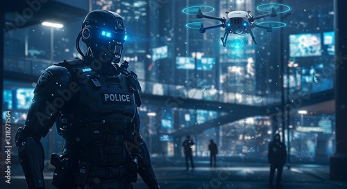 Wallpaper Mural robotic police patrolling glowing city streets with surveillance drone, ai robot police serving government  Torontodigital.ca