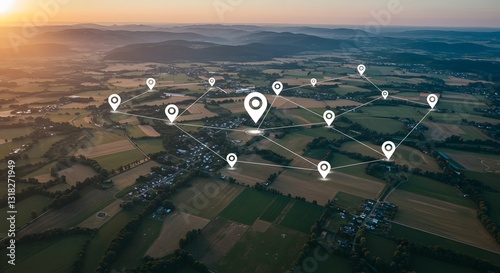 Aerial view of land with network markers representing land development planning and connectivity. background