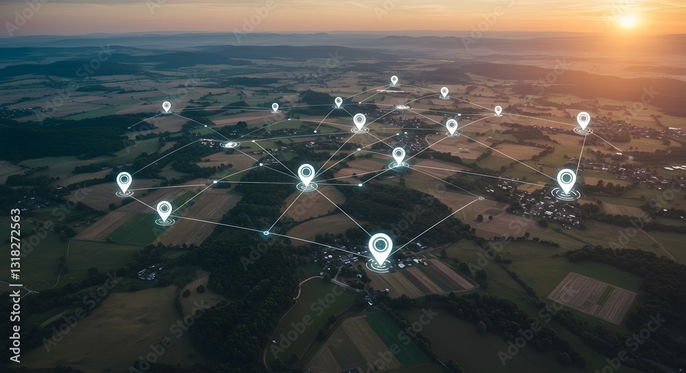 © Adobebaloch - Aerial view of land with network markers representing land development planning and connectivity. background