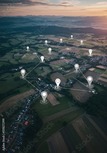 Aerial view of land with network markers representing land development planning and connectivity. background, wallpaper, economic