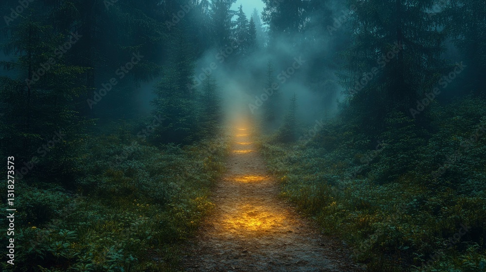Obraz premium Lunar light illuminating misty forest path, creating mysterious atmosphere